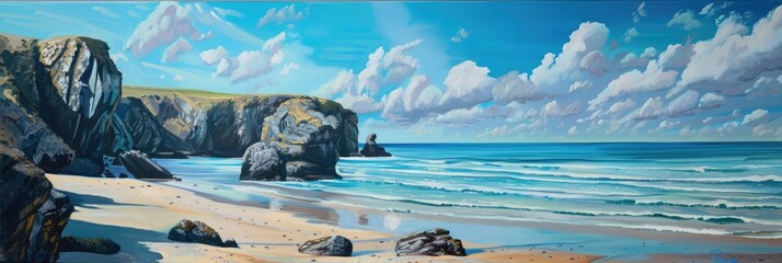 Wall Mural - Beautiful Steps Beach. Coastal Scenery with Blue Sky, Cliffs, and Clouds. Bay View