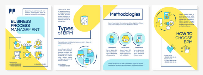 BPM methodologies organization blue and yellow brochure template. Leaflet design with linear icons. Editable 4 vector layouts for presentation, annual reports. Questrial, Lato-Regular fonts used