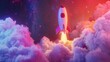 Digital illustration of rocket in colour background,The outer space launch system takes off.  astronomy, space exploration, colonization of Mars, Space adventure,rocket launch take off from city