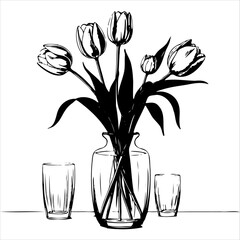 Wall Mural - vase with tulips and a glass on a table