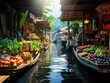 Floating Food Market, Asian Floating Market, Traditional Thailand Culture, Fruits and Vegetables