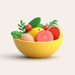 Clay Fruit Bowl 3d Icon, Bowl of Plastic Fruits, Simple Cute Side View 3d Fruit, Minimal Clay