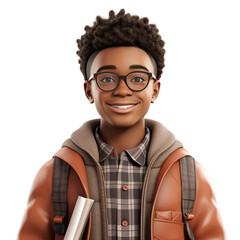 Wall Mural - Afro male student with backpack, 3D style, isolated on blank background.