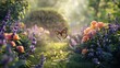 secret garden hideaway with a colorful butterfly dancing among fragrant roses and lavender bushes, surrounded by verdant grass and climbing ivy  