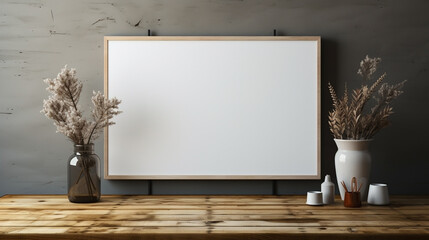 Wall Mural - A branding notice board mockup on a wooden table with white empty paper copy space for edits 