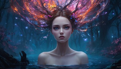 Surreal portrait of a serene siren with a fiery hair-crown, submerged in mystical waters of an alien forest.. AI Generation