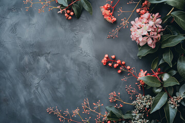 Poster - Slide background with colorful leaves and flowers framing on a painted wall. Background image. Created with Generative AI technology.