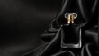 black smooth silk satin fabric background with beautiful glass for womens perfume bottle from Generative AI