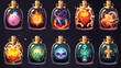 Potion bottles with magic elixir and tags cartoon g