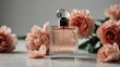a carnation flower and beautiful glass for womens perfume bottle on plain white background from Generative AI