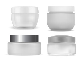 Wall Mural - Cosmetic cream plastic jar, face skin care product template, isolated on white. Realistic design of round packaging for skin scrub or gel lotion. Make-up powder tube illustration