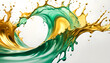 Hintergründe und Vorlage Welle Spritzer Platsch in grün gold, flüssiges Metall Frische in hellen Tönen mit Spritzern und Tropfen in dynamisch geschwungenen Linien und voller Lebendigkeit und Energie