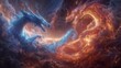A celestial battle unfolds in an ethereal nebula, where fiery and icy dragons embody the eternal struggle of opposites
