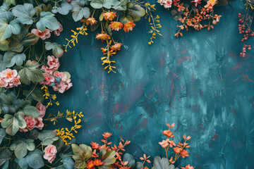 Poster - Slide background with colorful leaves and flowers framing on a painted wall. Background image. Created with Generative AI technology.