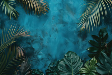 Poster - Slide Background with tropical leaves framing on a blue wall. Background image. Created with Generative AI technology.