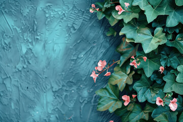 Poster - Slide background with colorful leaves and flowers framing on a painted wall. Background image. Created with Generative AI technology.