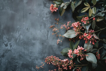 Poster - Slide background with colorful leaves and flowers framing on a painted wall. Background image. Created with Generative AI technology.