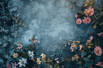 Poster - Slide background with colorful leaves and flowers framing on a painted wall. Background image. Created with Generative AI technology.