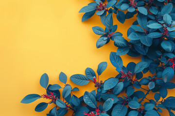 Poster - Slide background with colorful blue leaves framing on a yellow painted wall. Background image. Created with Generative AI technology.