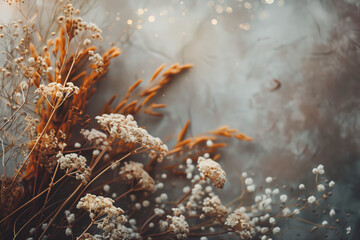 Poster - Slide background with grass, leaves and flowers framing on a painted wall. Background image. Created with Generative AI technology.