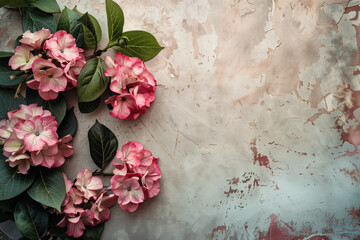 Poster - Slide background with colorful leaves and flowers framing on a painted wall. Background image. Created with Generative AI technology.