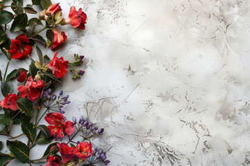 Poster - Slide background with colorful leaves and flowers framing on a white painted wall. Background image. Created with Generative AI technology.