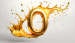 goldener großer Buchstabe O umspült von einer dynamisch bewegten Welle aus flüssigem Gold Spritzer, edel und leuchtend als Hintergrund und Vorlage für Gestaltung  Symbol Logo 3D Metall