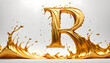 goldener großer Buchstabe R umspült von einer dynamisch bewegten Welle aus flüssigem Gold Spritzer, edel und leuchtend als Hintergrund und Vorlage für Gestaltung  Symbol Logo 3D Metall