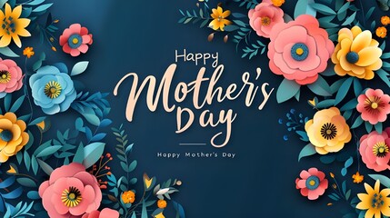 Wall Mural - A modern illustration of a happy mother's day, with paper flowers and letteron. The illustration can be used in the newsletter, brochures, postcards, tickets, advertisements, banners ai generated 