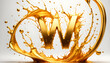 goldener Buchstabe W umspült von einer dynamisch bewegten Welle aus flüssigem Gold edel und leuchtend als Hintergrund und Vorlage für Gestaltung  Symbol Logo 3D Metall