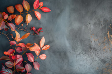 Poster - Slide background with colorful red leaves framing on a painted wall. Background image. Created with Generative AI technology.
