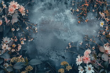 Poster - Slide background with colorful leaves and flowers framing on a painted wall. Background image. Created with Generative AI technology.