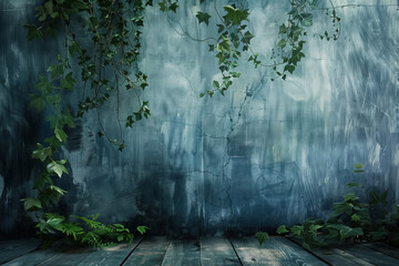Poster - Slide background with green leaves framing on an old painted wall. Background image. Created with Generative AI technology.