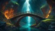 An imaginative landscape with a stone bridge arching over a serene river in a canyon, illuminated by otherworldly light. AI Generation