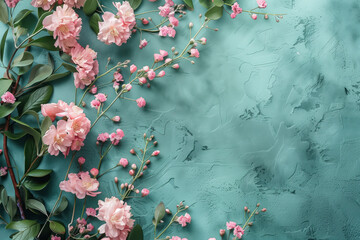 Poster - Slide background with colorful leaves and flowers framing on a painted wall. Background image. Created with Generative AI technology.
