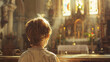 Peaceful church setting, boy reflecting on Holy Saturday, Easter anticipation, top right text space