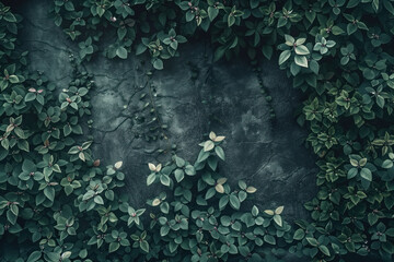 Poster - Slide background with green leaves framing on a black painted wall. Background image. Created with Generative AI technology.