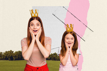 Wall Mural - Composite photo collage of surprised mother daughter crown tiara park trees weekend celebration mother day isolated on painted background