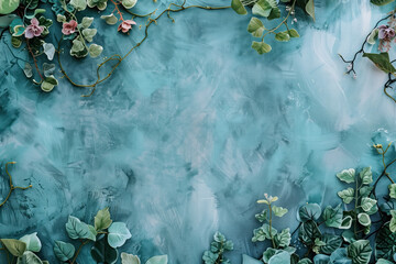 Poster - Slide background with leaves and some flowers framing on a painted wall. Background image. Created with Generative AI technology.