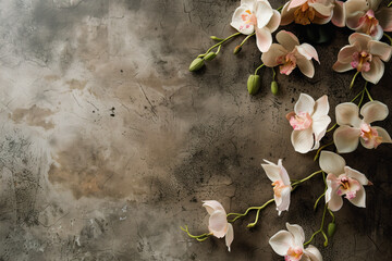 Poster - Slide background with white orchid flowers framing on a painted wall. Background image. Created with Generative AI technology.