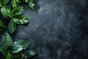 Poster - Slide background with green leaves framing on a black painted wall. Background image. Created with Generative AI technology.