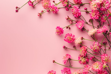Poster - Slide background with colorful pink flowers framing on a pink painted wall. Background image. Created with Generative AI technology.
