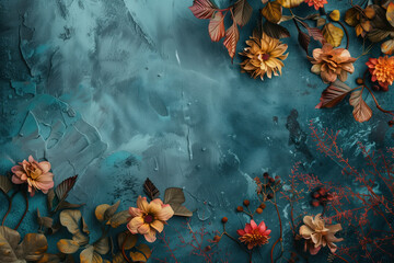 Poster - Slide background with colorful leaves and flowers framing on a painted wall. Background image. Created with Generative AI technology.