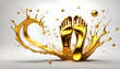 goldene Füße umspült von einer Welle und Spritzern aus flüssigen Gold, Fußsohlen zur gehen stehen bewegen Orthopädie Hintergrund und Vorlage für Fußpflege Hygiene medizinische Therapie Reichtum 
