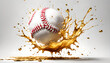 amerikanischer Baseball fliegt umspült von flüssigem Gold Meisterschaft Liga Gewinnen erfolgreich, Hintergrund Vorlage für Werbung, Spiel, Saison, Wetten, Symbol, Logo, dynamische Aktion 