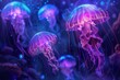 © TP71 - group of jellyfish floating in the deep sea, glowing with purple light and blue