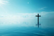 Christ with cross in water submerged in a blue lake. Generative AI