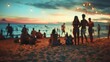 Out-of-focus silhouettes enjoying a beach party during a vivid sunset.
