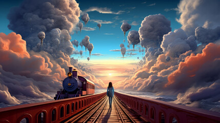 Wall Mural - woman walking along a track through clouds, surreal dream scene