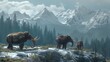 Majestic Mammoths of the Ice Age: A Trio of Prehistoric Creatures Trudging over Snow-Covered Hills